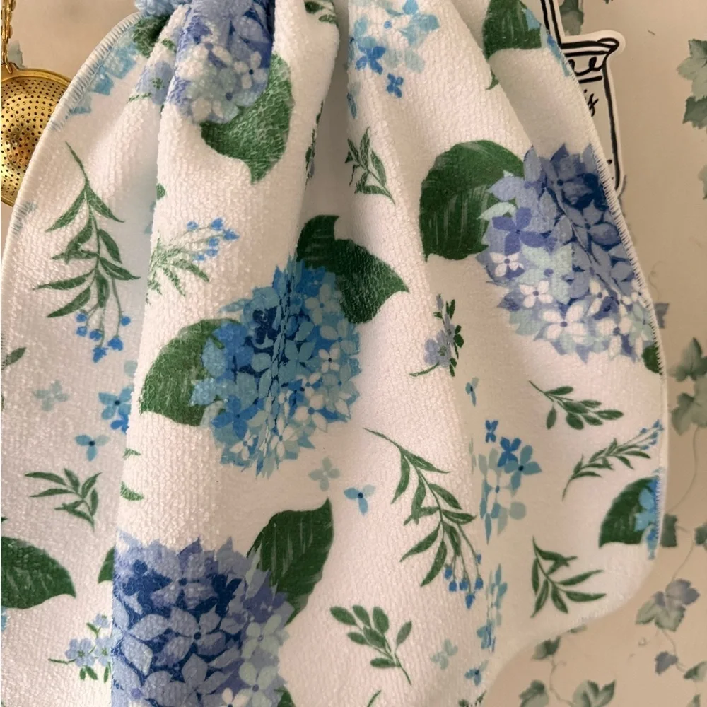 Handmade Crochet Top Hanging Kitchen Towel Blue Floral Cottagecore Decor